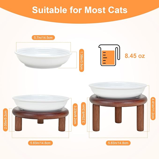 SPUNKYJUNKY Shallow Elevated Cat Bowl with Acacia Wood Stand Wide Raised Ceramic Cat Dishes Whisker Friendly Pet Food and Water Plates (Striped Pattern, 2 Pack, White) - Image 2