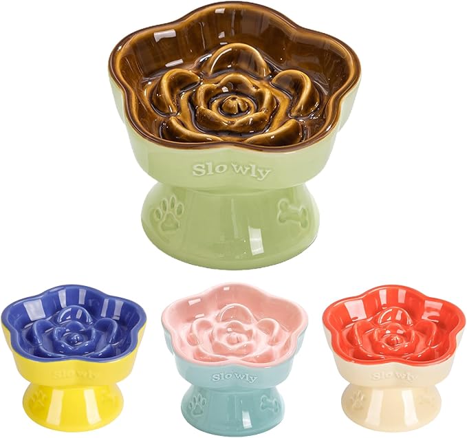 S&Q's CERAMICS Raised Slow Feeder Cat Bowl, Ceramic Elevated Cute Pet Food Bowl Small Dogs Slow Feeder, Flower Shaped Cute Cat Dish for Dry and Wet Food (Brown, 5.8") by SQsCeramics