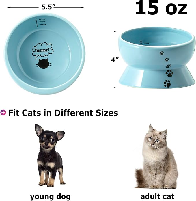 Y YHY Ceramic 15 Ounce Slanted Cat Food Water Bowl, Lake Blue - Image 2