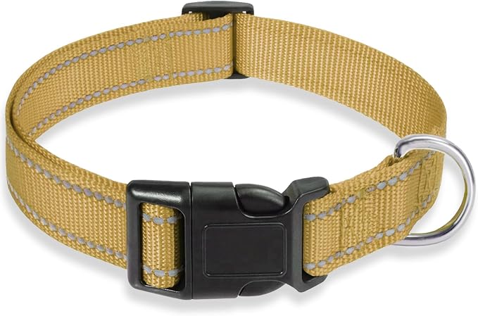 Reflective Dog Collar, Puppy Collar with Buckle Adjustable, Brown L | Breathable Nylon Collars for Small Medium Large Dogs, No Chafing on Walks and Outdoor Hikes, Metal D-Ring, Night Safety by BOOMIBOO