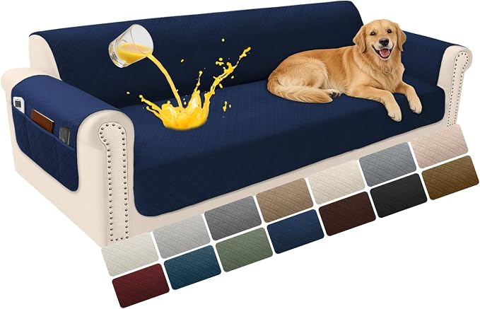 Velvet 100% Waterproof Couch Cover for Dogs Washable Sofa Covers for 3 Cushion Couch Pet Friendly Oversized Sofa Slipcovers Non Slip Furniture Protector with Pockets (XX-Large, Navy) by YUEVELLASofaCover