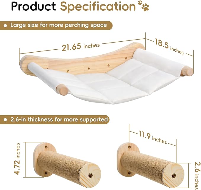 Cat Wall Hammock & Steps Set - Wall Mounted, 21 * 18 in for Large Cats - Screw-in Climbing Play Set - Image 6