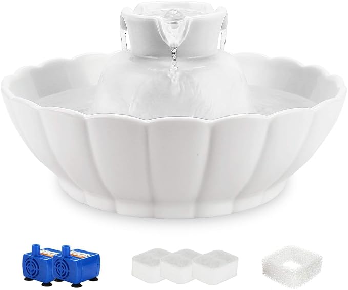 iPettie Tritone Ceramic Cat Water Fountain, Heavy-Duty Waterer for Pets | 2.1 Liters / 2.2 Quart Filtered Water Purifier with Replacement Filters and Foam, White by iPettie