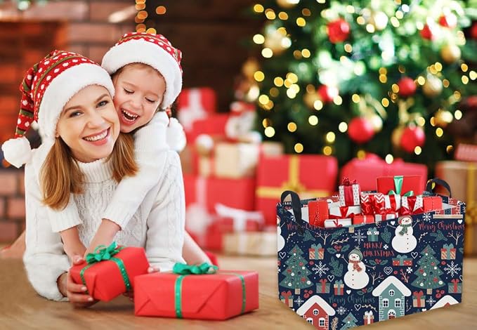 Rectangular Christmas Baskets,Snowman Basket Empty,Waterproof PE Coating Cute Bins for Kids with Handles,Gifts Baskets,Books Bin. (Blue Snowman) - Image 5