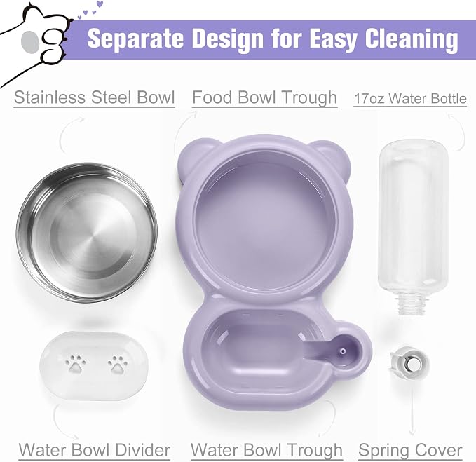 Dog Bowls, Cat Food and Water Bowl Set with Water Dispenser and Stainless Steel Bowl for Cats and Small Dogs - Purple - Image 3