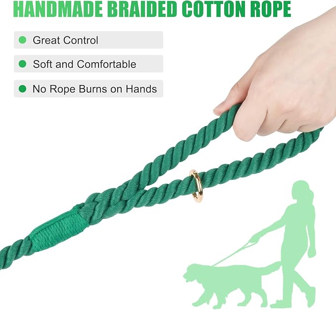 5 FT Handmade Rope Dog Leash for Small Medium and Large Dogs | Soft and Comfortable Grip, New Golden Heavy Duty Metal Clasp, Dark Green - Image 3