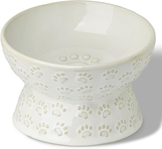 Ceramic Tilted Elevated Small Cat Bowl, for Fat Faced Cat, Kitten, White | 15° Tilted Elevated Design,5oz Small Meal Capacity,Chin-Friendly Ceramic,Paw Print by GDCZ