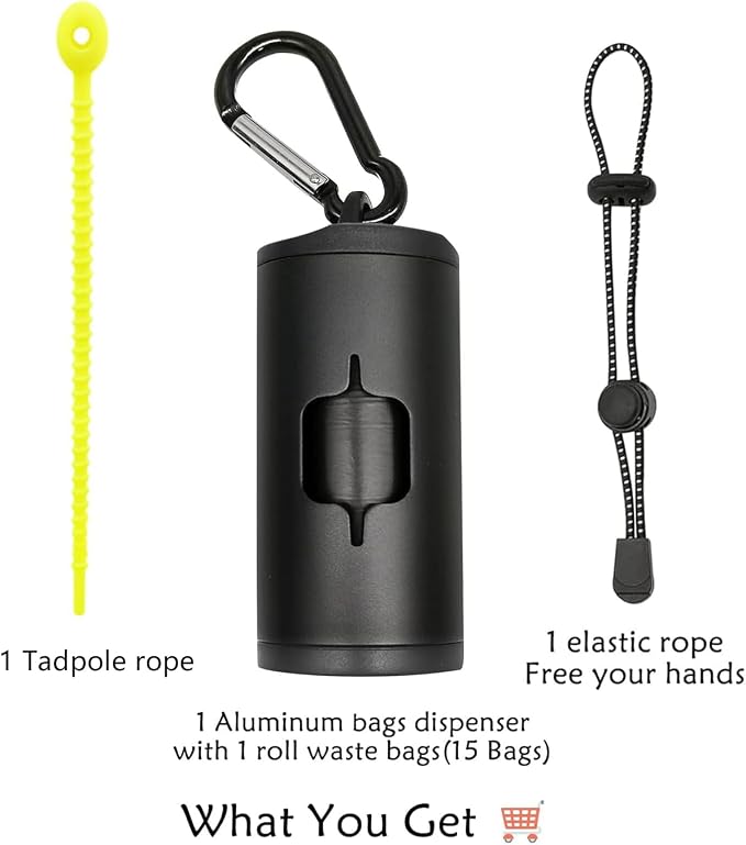 YUCHIYA Aluminum Dog Poop Bags Holder with Carabiner Metal Pet Waste Bags Dispenser with Hook and Loop Fastener and Elastic Cord to Carry Used Bags (Black, 1 Holder 15 Bags) - Image 5