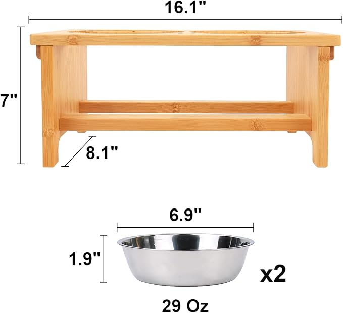 HTB Elevated Dog Bowl Stand with 2 Stainless Steel Bowls-7" H Medium Bamboo | Raised Dog Bowl Stand, 7"tall, 29 Oz Bowls, for Medium Sized Dogs, Pet-safe, Solid Bamboo - Image 5