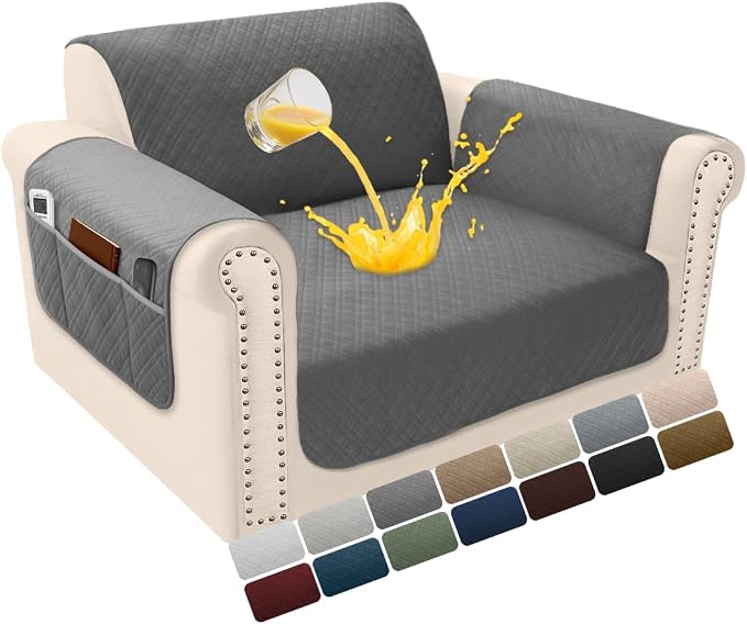 Velvet 100% Waterproof Chair Covers for Living Room Sofa Armchair Cover Washable Couch Arm Chair Slipcovers for Dogs Non Slip Quilted Furniture Protector with Pockets (Small, Dark Grey) by YUEVELLASofaCover