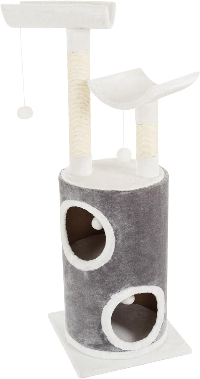 45in Cat Tree with Napping Perches, 2 Story Cat Condo, Cat Scratching Posts, and Hanging Toys - Cat Tower for Indoor Cats by PETMAKER (Gray) - Image 6