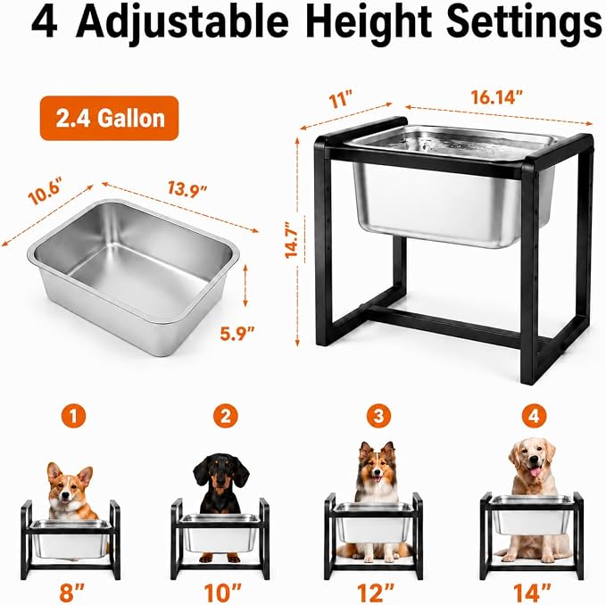 Adjustable Height Elevated Large Dog Water Bowls with Stainless Steel Bowls and Metal Stand，4-Level (8/10/12/14 Inches) Pet Bowl for Dogs for Large Medium Dogs - Durable, Easy to Clean (2.4gallon) - Image 3