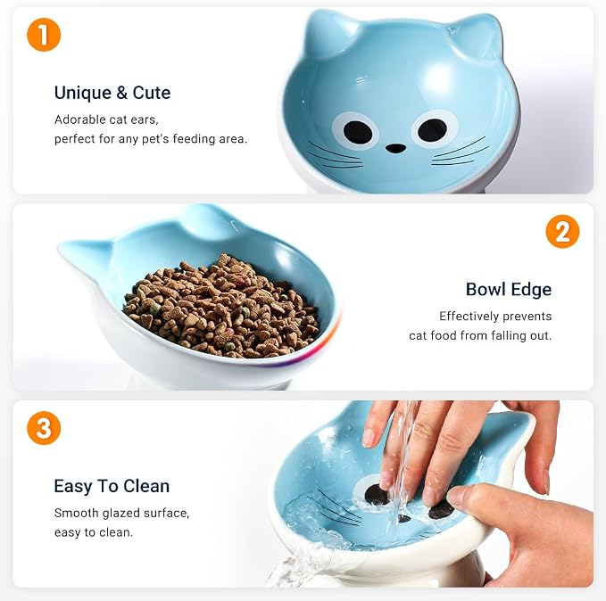 Raised Ceramic Cat Food Bowl - 15 Tilted, Spine Protection, Anti-Vomiting, Backflow Prevention for Adult Cats, Kittens, and Small Dogs (Blue Face) - Image 4
