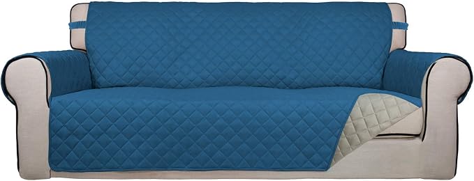 PureFit Reversible Quilted Sofa Cover Dog Couch Covers for Sofa, 66 in | Peacock Blue/Beige, Water Resistant Couch Protector, Washable Pet Couch Cover with Non Slip and Elastic Straps For Kids by PureFit