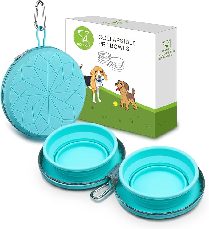 KALLAK Collapsible Silicone Twin Bowls with Zipper Silicone Case, 2 in 1 Portable Travel Dog Feeder, Pop Out Non-Skid Food and Water Bowl with Carabiner Clip by KALLAK