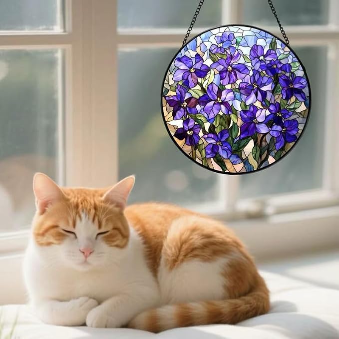 Stained Glass Window Hanging Lilac Stained Glass Style Suncatcher Round Purple Flower Window Hanging Decorative Panel Sun Catcher for Home Window Garden Gift - Image 8