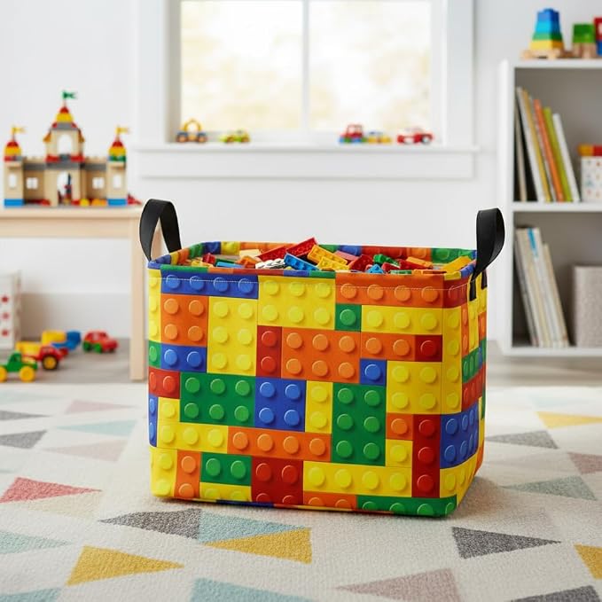 Colorful Building Blocks Print Storage Basket, Waterproof Lining Organizer Bins, Leather Handles, Collapsible for Kids Toys, Clothes, Laundry, Gift Basket - Image 3