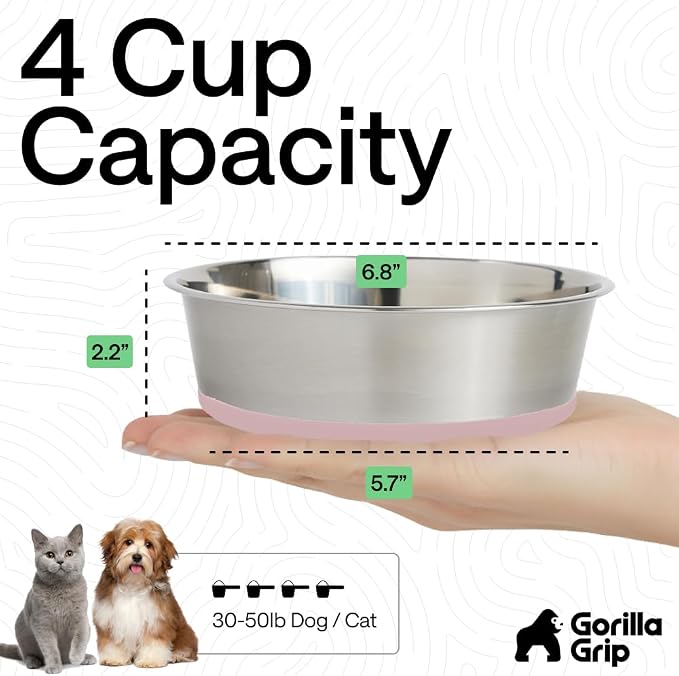 GORILLA GRIP Dog Bowls, Food Grade Stainless Steel, Set of 2, 4 Cup, Pink | 304 Stainless Steel Pet Feeding Bowls Hold 32 fl oz Each, Dishwasher Safe, Rust Resistant, BPA Free Rubber Base - Image 4