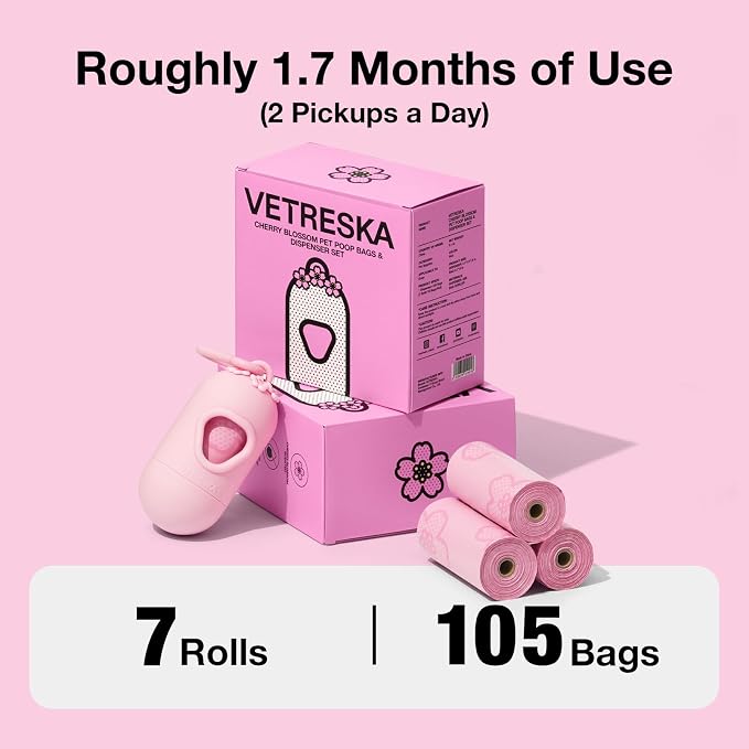 VETRESKA Dog Poop Bag Dispenser with 105 Cherry Blossom Scented Bags | Leak Proof and Extra Thick Pet Waste Bags, 1 Poop Bag Holder and 7 Rolls for Dog Walking and Cats Litter - Image 7