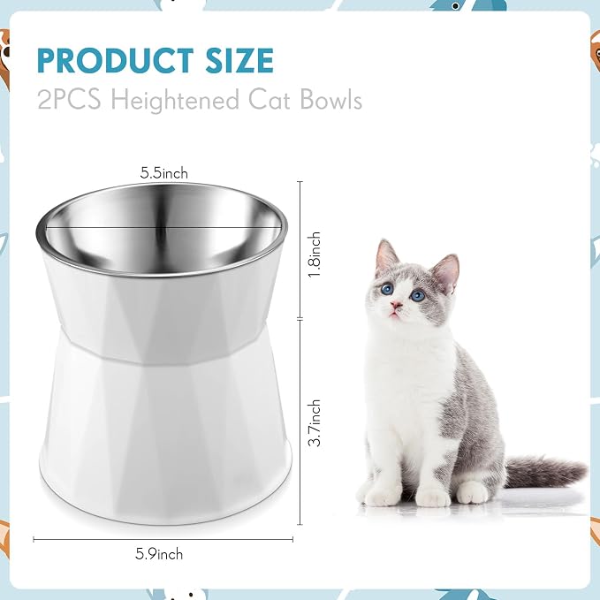 Lallisa 2 Pcs Elevated Cat Bowls Adjustable Raised Cat Feeder Non Slip Food Water with Stand Safe Stainless Steel Bowls with Pet Food Stand for Pets Feeding Eating(White) - Image 2