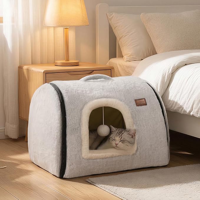 cat Bed cave-cat beds for Indoor Cats,Soft and Comfortable Cute Pet Bed，cat House,with Removable Washable Cushioned Pillow,Enclosed cat Bed,Kitty pet hut、Hideaway,Small Large Dog Tent (Grey) - Image 2