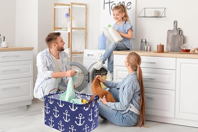 Rectangular Kids Storage Bins,Boys Baskets,Collapsible Anchor Organizer Bin with Handles for Nautical Nursery Decor,Clothes Storage,Book Basket,Gift Basket.( Anchor) - Image 2