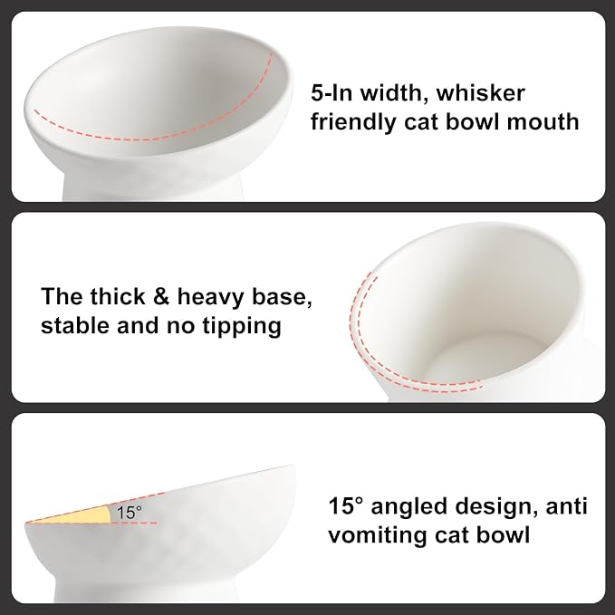 YauYik Ceramic Raised Cat Bowls, Elevated Tilted Cat Food and Water Bowls Set, Stress Free Pet Feeding Dish for Indoor Cats and Small Dogs, Anti Vomiting, White, 2 Pack - Image 7