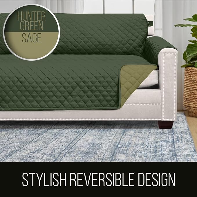 Sofa Shield® Couch Sofa Slip Cover for Dogs with Strap, Hunter Green Sage | Reversible Furniture Protector, Stain and Tear Resistant Cushion Cover, Machine Washable Slipcover for Pets, Cats 70 inch - Image 5