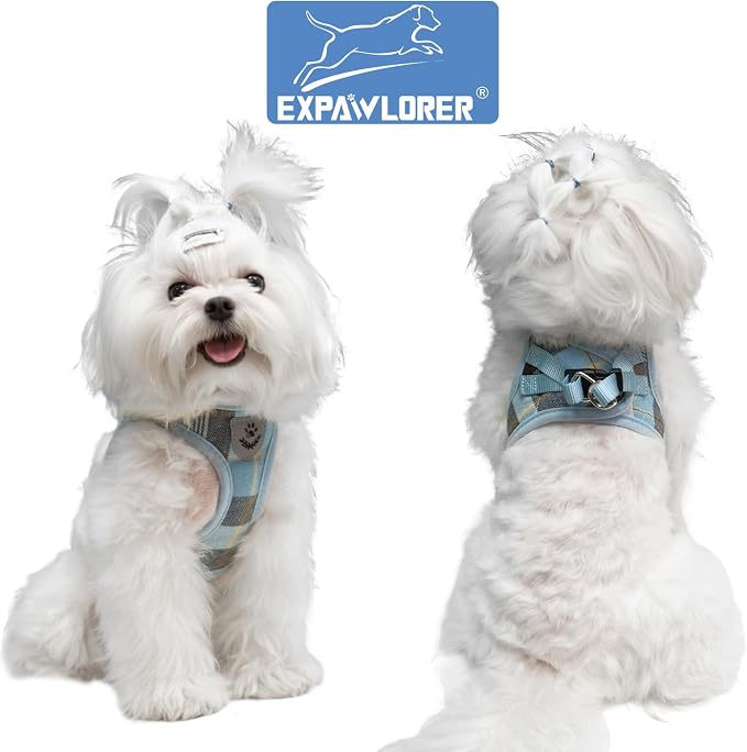 Classic Plaid Puppy Harness - Small Dog Harness and Leash Set - Dog Collar and Leash Set with AirTag Holder, Soft Padded Step in Dog Vest Harness No Pull Reflective for Outdoor, Blue M - Image 4