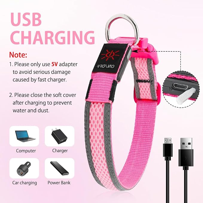 Illumifun Light Up Dog Collar - USB Rechargeable LED Dog Collar Glow in the Dark, High Visibility Glow Collar Light for Nighttime Walking (Medium, Light Pink) - Image 4