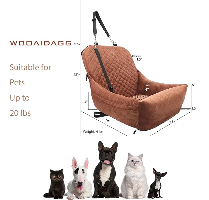 Wooaidagg Dog Car Seat for Small Dogs,Covered Soft Fabric and Fill in Memory Foam,Easy to Assemble and Fully Detachable,2 Clip-On Safety Leashes and Storage Pockets(Brown) - Image 2