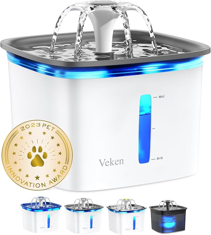 Veken Innovation Award Winner 95oz/2.8L Cat Water Fountain | Automatic Pet Fountain Dog Water Dispenser with Replacement Filters & Silicone Mat, Gift for Cats, Dogs (Grey, Plastic) by Veken