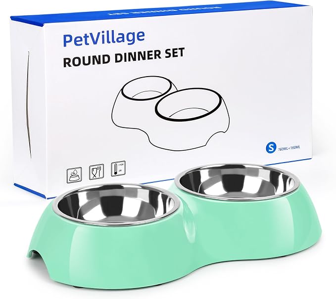 Stainless Steel Dog Bowls Set – Dual Non-Slip Pet Dishes with 2 Small (4oz*2) Bowls & Durable Resin Stand,Food & Water Feeder for Puppies, Kittens, and Small Breed Dogs - Green by Petvillage