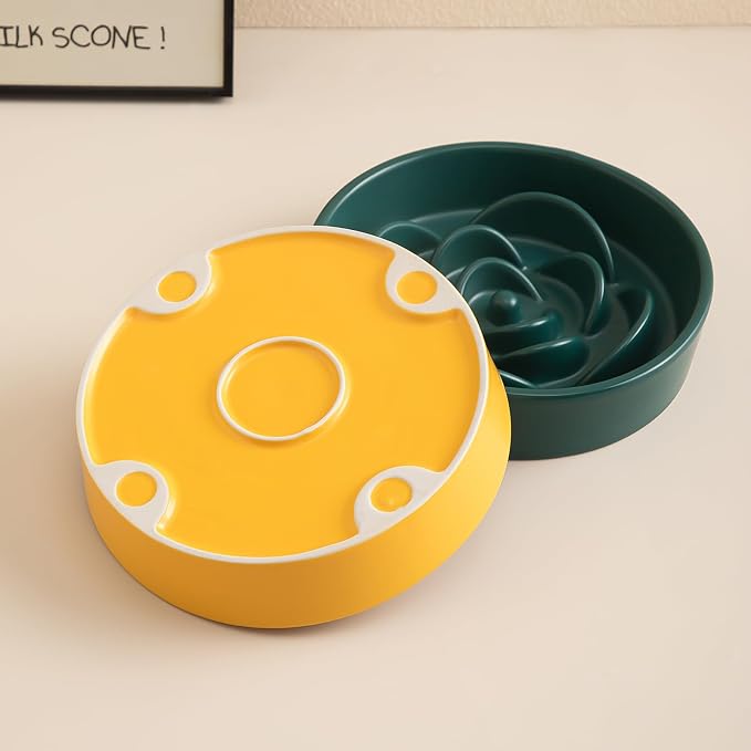 8.25'' Ceramic Slow Feeder Dog Bowls - Petal Shape Modern Dog Food Dish for Medium and Large Breeds, Puzzle Maze Bowl to Slow Down Eating, Anti-Gulping, Dishwasher & Microwave Safe, Yellow - Image 8