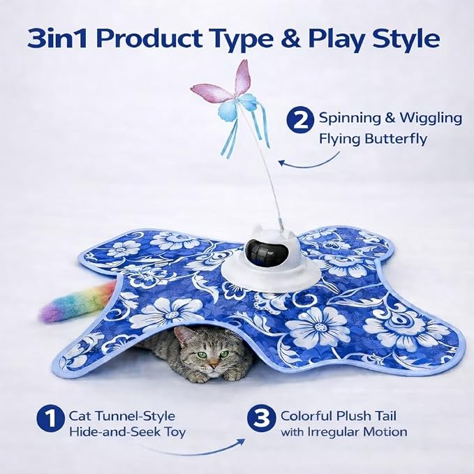 Interactive Cat Toy for Indoor Cats, Rechargeable 3-in-1 Hide and Seek Cat Toy with Spinning Butterfly & Plush Tail, Ultra-Quiet Touch Activated Self Play Cat Exercise Toy for Adult Kittens (Teal) | Touch Activated, Spinning Butterfly, Plush Tail, Ultr... - Image 4