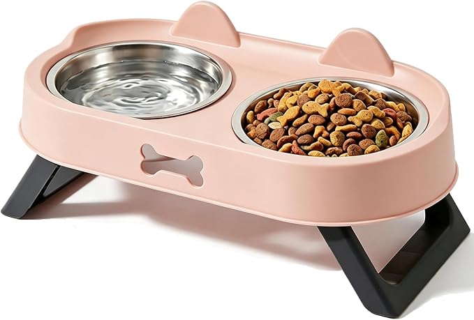Elevated Cat Bowls with Foldable Stand, Anti Vomiting Raised Cat Food and Water Bowl Set, 2 Stainless Steel Dishes for Cats and Puppies, Splash Proof Non-Slip Neck Protection Pet Feeder (Pink) by Unknown