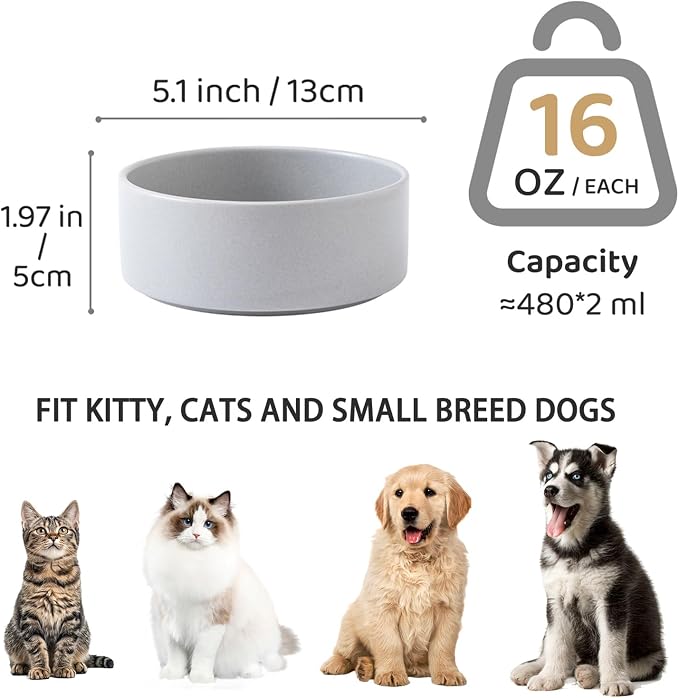 Ceramic Set of 2 Dog and Cat Bowls - Classic Food & Water Bowl for Kitty, Cats and Toy Breed Dogs, Weighted Dog Dishes, Food Grade Pet Bowl, Dishwasher & Microwave Safe (5.1'', 2*16OZ, Grey) - Image 3