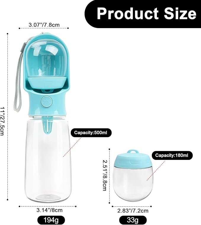 Blue Large Portable Dog Water Bottle with Food Container | Travel Dog Water Bowl(500ml),Food Container(180ml),Leak-Proof,2-in-1 Pet Essential Outdoor Supplies for Walks Hikes Campsites - Image 6