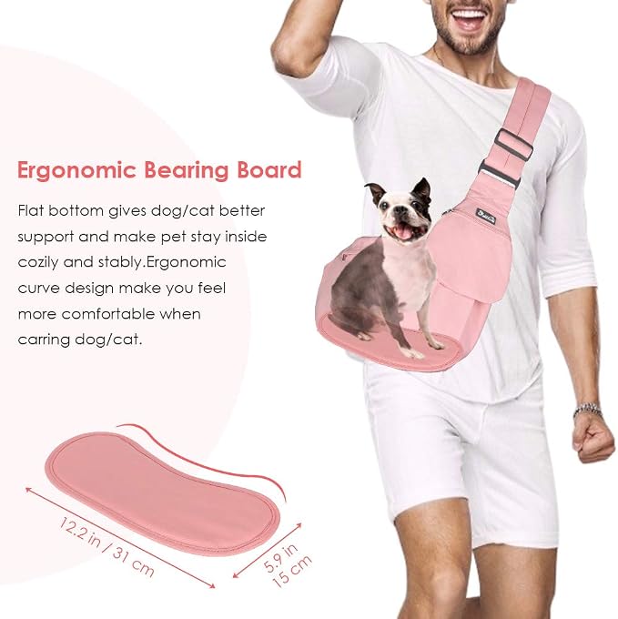 Lukovee Pet Sling, Small Pet Carrier, Hard Bottom Support & Safety Hook | Adjustable Drawstring Opening, Comfortable Padded Shoulder Strap, Zipper Pocket, Dog Slings Purse for Small Dog Cat (Pink) - Image 2