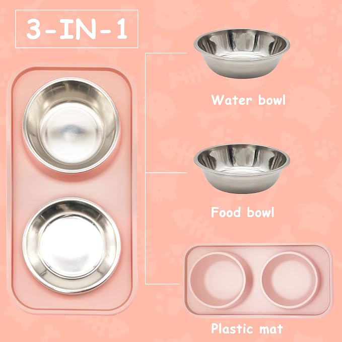 BNOSDM Double Dog Food Bowls Stainless Steel Dog Food and Water Bowls with Non-Spill Plastic Mat Pet Cat Feeder Bowl Set for Puppy Cats Kitten Small Medium Dogs Pink - Image 4