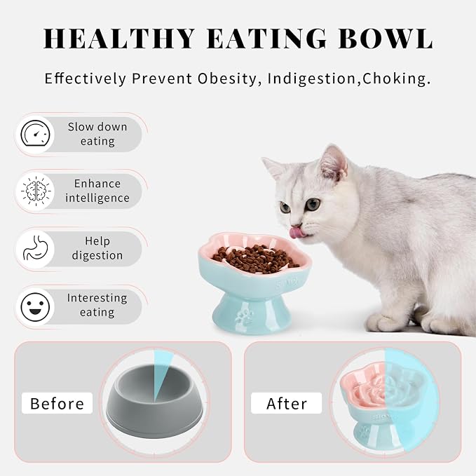 S&Q's CERAMICS Raised Slow Feeder Cat Bowl, Ceramic Elevated and Titled Glass Food Bowl Small Dogs Slow Feeder, Flower Shaped Cute Cat Dish for Dry and Wet Food (Pink, 5.8") - Image 3