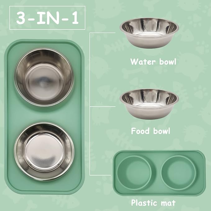 BNOSDM Double Dog Food Bowls Stainless Steel Dog Food and Water Bowls with Non-Spill Plastic Mat Pet Cat Feeder Bowl Set for Puppy Cats Kitten Small Dogs, Dark Green - Image 3