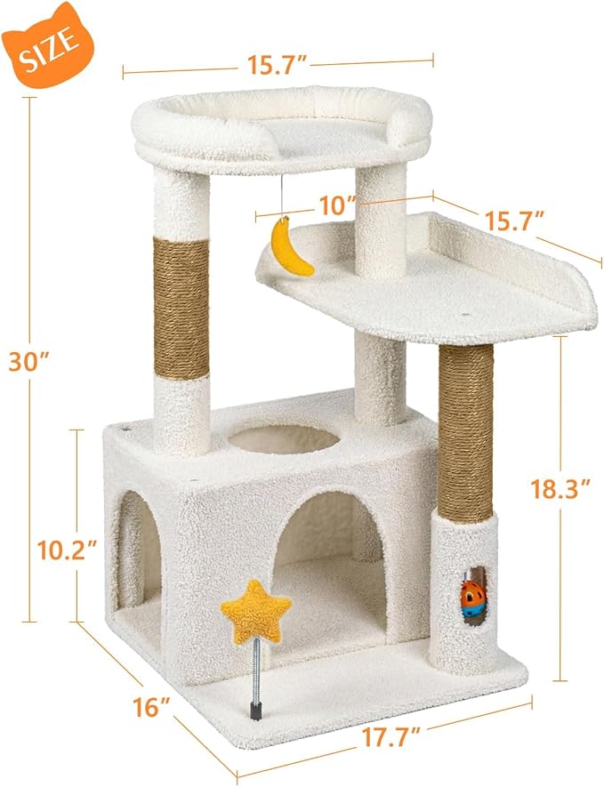 30" Kitten Cat Tower, Compact Beige Cat Tree with Condo & Perch | Plush Finish, Cozy Condo, Soft Top Perch, Sisal Scratching Post, Dangling Ball Toy, Anti-Tip Base, for Cats up to 15 lbs - Image 5