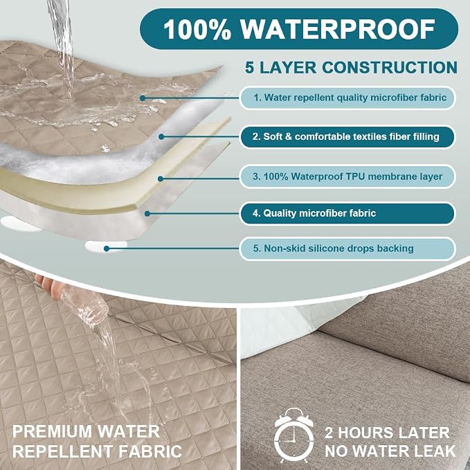 Turquoize 100% Waterproof Futon Cover Futon Slipcover Washable Armless Sofa Bed Slipcover Protector Seat Width Up to 70" with Adjustable Elastic Strap Anti-Slip for Dogs, Khaki - Image 3