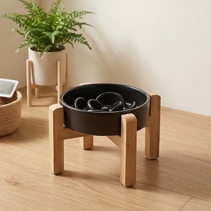 Elevated Ceramic Slow Feeder Dog Bowls Anti-Choking Slow Feeding for Small&Medium Size Anti-Slip Non-Lead & Toxic Durable Easy to Clean Maze Slow Feeder Bowl（8.26in Black Flower Pattern） - Image 7