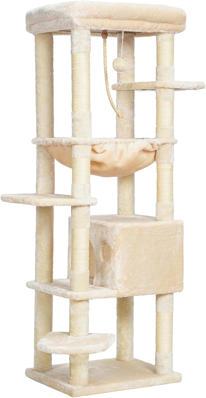 Heybly Cat Tree for Large Cats, 20lbs Heavy Duty, 60 inches HCT050M | Cat Tower for Indoor Cats with Big Padded Plush Perch, Multi-Level Furniture Condo with Cozy Basket, Beige - Image 9