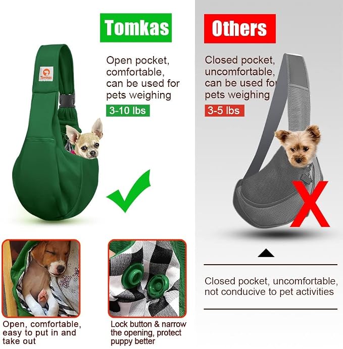 Tomkas Small Dog Cat Sling Carrier Puppy Purse Travel Wrap Soft Crossbody Pet Bag (Emerald Green, M - Zip Pocket & Adjust Strap) - Image 9
