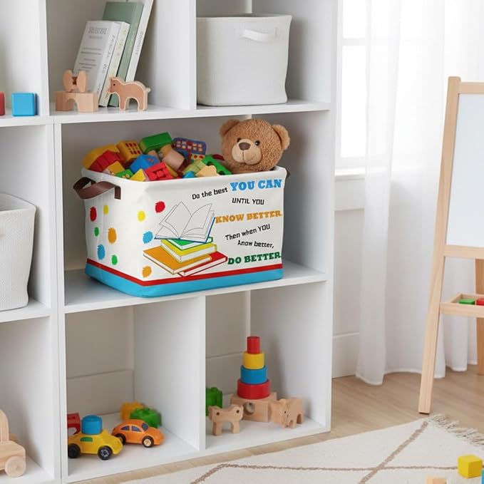 Book Storage Basket Waterproof Canvas Toy Storage Bin Blanket Baskets Collapsible Outdoor Basket with Leather Handles Book Organizer for Nursery Room Classroom Library Closets,Bedrooms,Gifts Baskets - Image 5