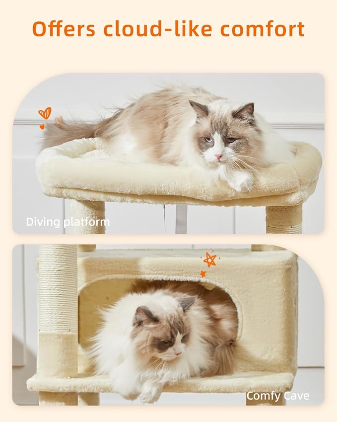 Taoqimiao Cat Tree, 49In Cat Tower for Indoor Cats Large Adult | 2 Luxurious Cat Condos, Thick Padded Top Perch, Adjustable Hanging Baskets, 5 Scratching Sisal Posts, Beige MS029LM - Image 6