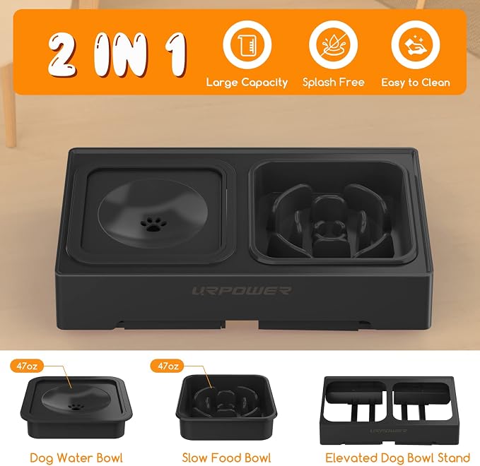 URPOWER 2-in-1 Elevated Slow Feeder Dog Bowls with No-Spill Water Bowl | 4 Height-Adjustable Raised Dog Bowls, Non-Slip Food and Water Bowls with Stand for Small, Medium, Large Dogs, Cats and Pets - Image 6